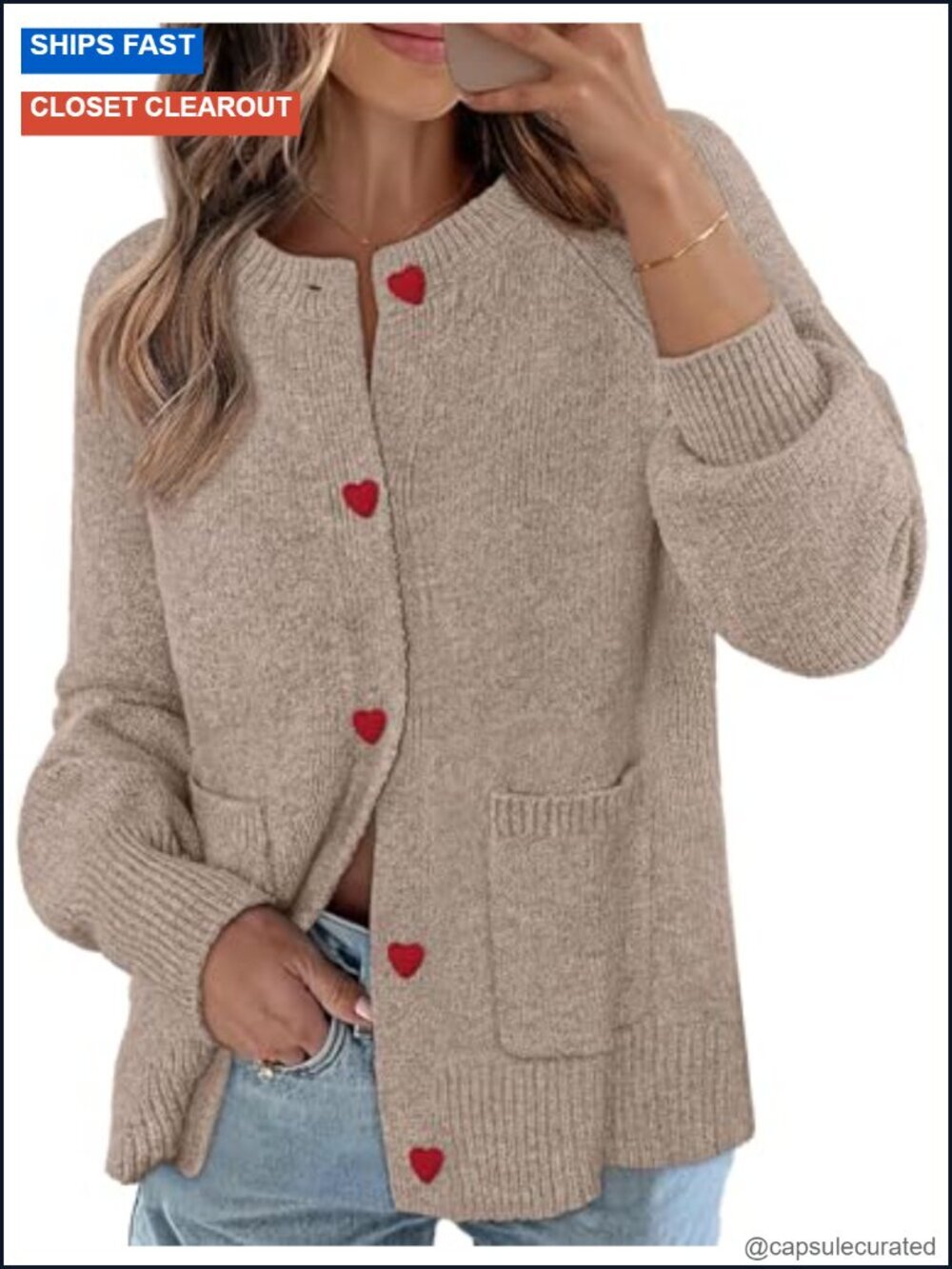 Chunky Knit Cardigan with Heart Buttons & Pockets, Open Front